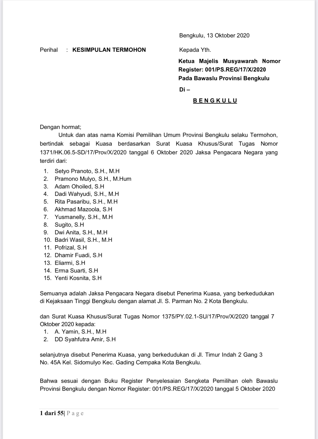 Kesimpulan Kuasa Hukum Termohon KPU Provinsi Bengkulu Atas Gugatan Pemohon Paslon Agusrin-Imron