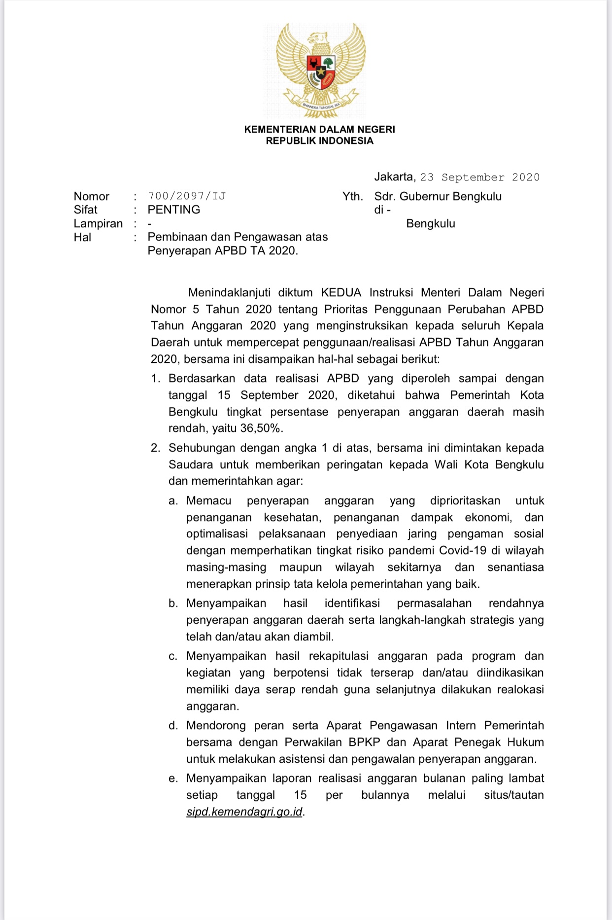 Irjen Kemendagri Perintahkan Gubernur Bengkulu Tegur Walikota Bengkulu