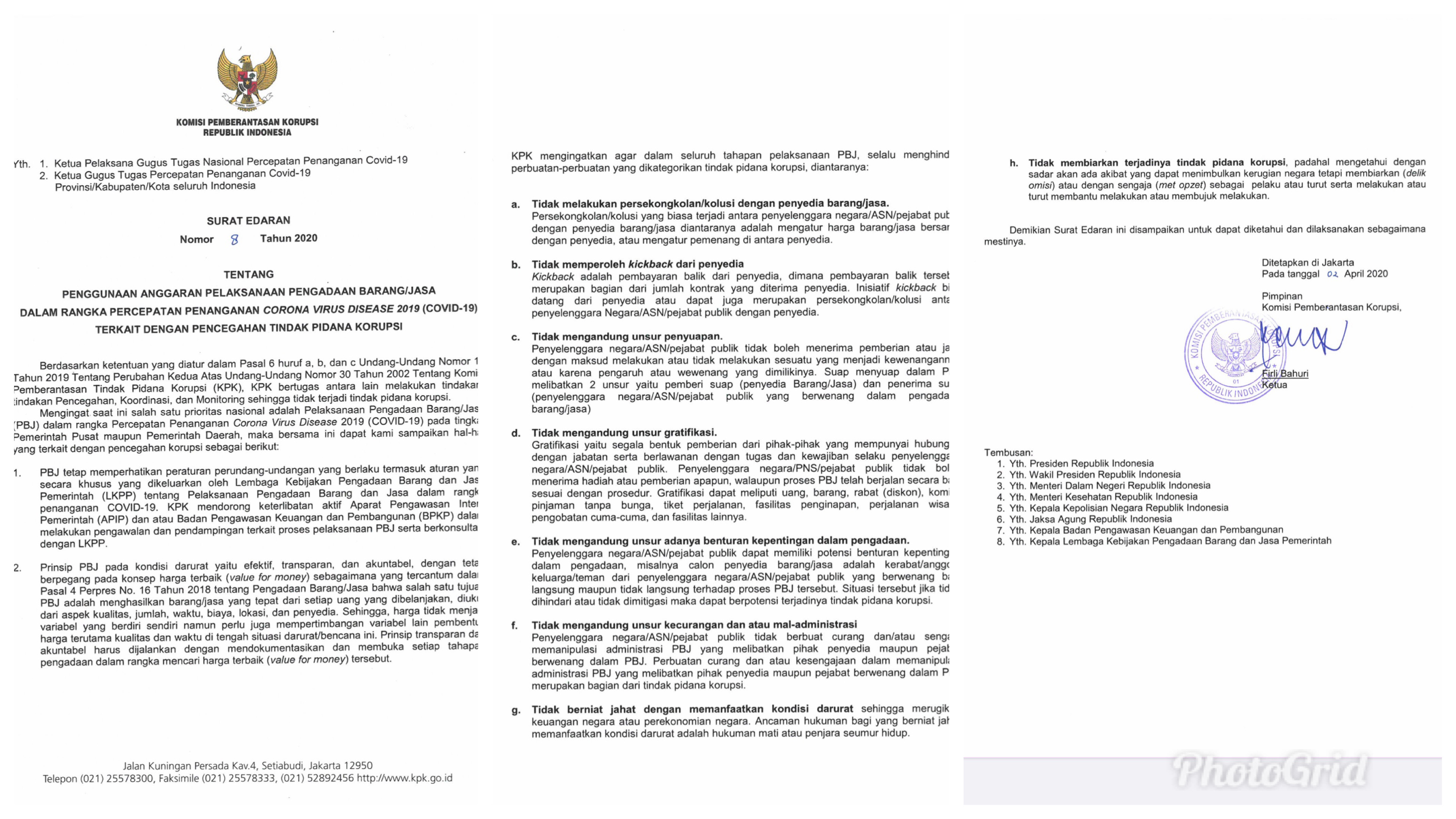 Surat Edaran Komisi Pemberantasan Korupsi berkenaan dengan Covid-19