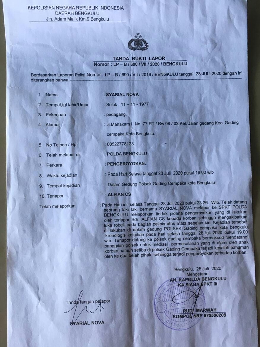 Oknum Perwira Polisi Polda Bengkulu Diduga Keroyok Warga di Polsek Gading Cempaka