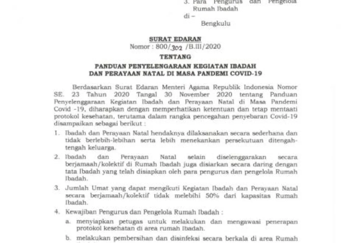 Ini Isi Surat Edaran Walikota Bengkulu Tentang Panduan Penyelenggaraan Kegiatan Ibadah dan Perayaan Natal Yang Wajib Dipatuhi