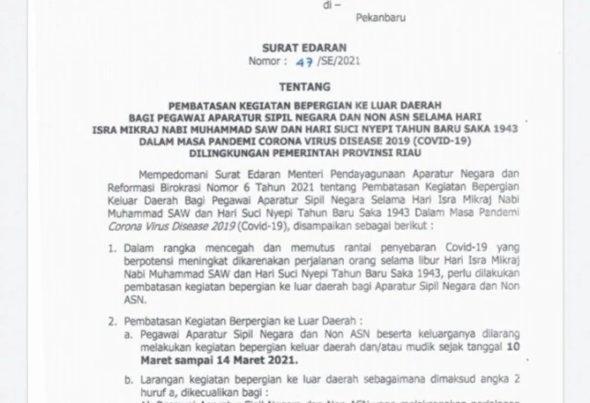 Gubernur Riau Keluarkan SE Larangan ASN Bepergian ke Luar Kota Saat Libur Israk Mikraj dan Nyepi