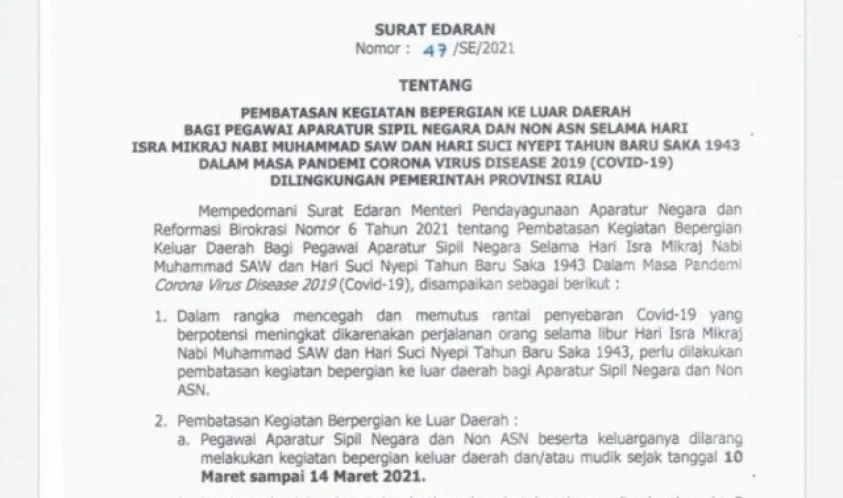 Gubernur Riau Keluarkan SE Larangan ASN Bepergian ke Luar Kota Saat Libur Israk Mikraj dan Nyepi
